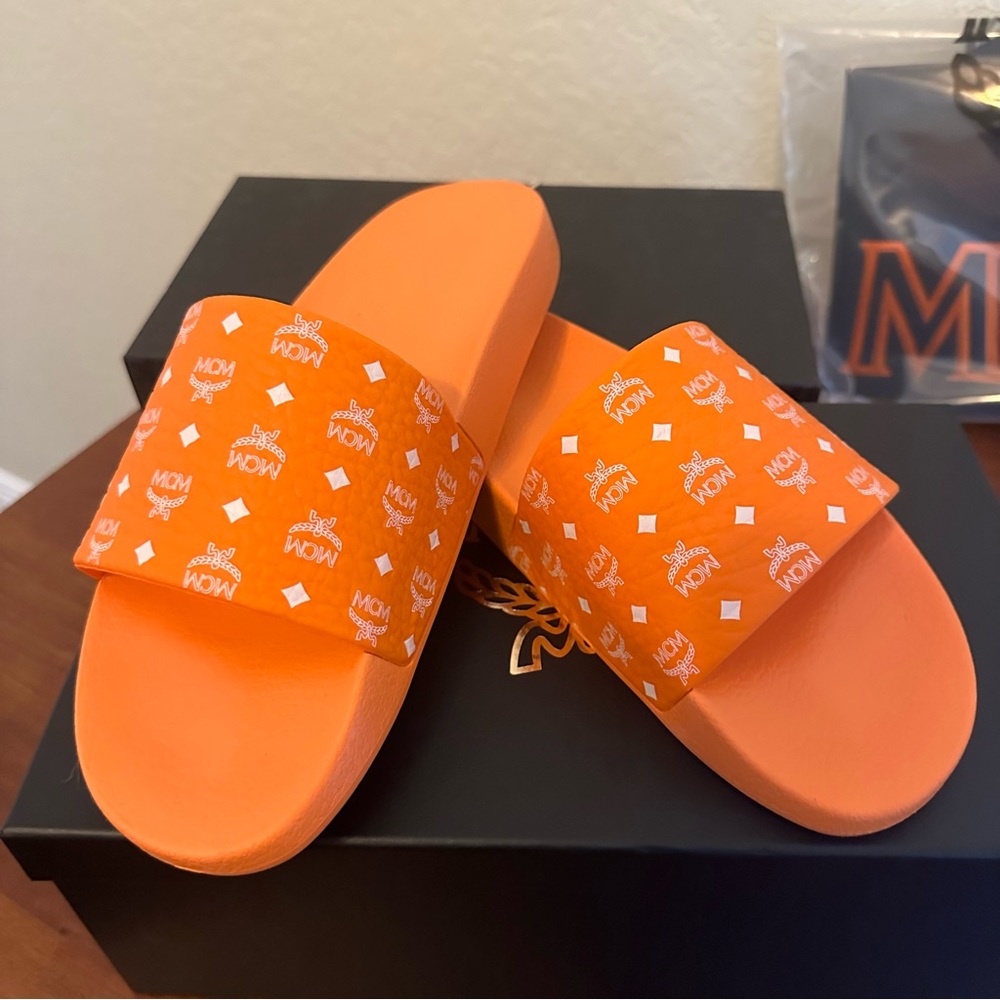 - Mens Monogram Print Rubber Slides Shoes Persimmon Orange/White